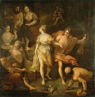 In the center Orpheus looks back on Eurydice painted as they go to leave the netherworld. The three fates watch from the left as do Pluto and Proserpine in the upper left.