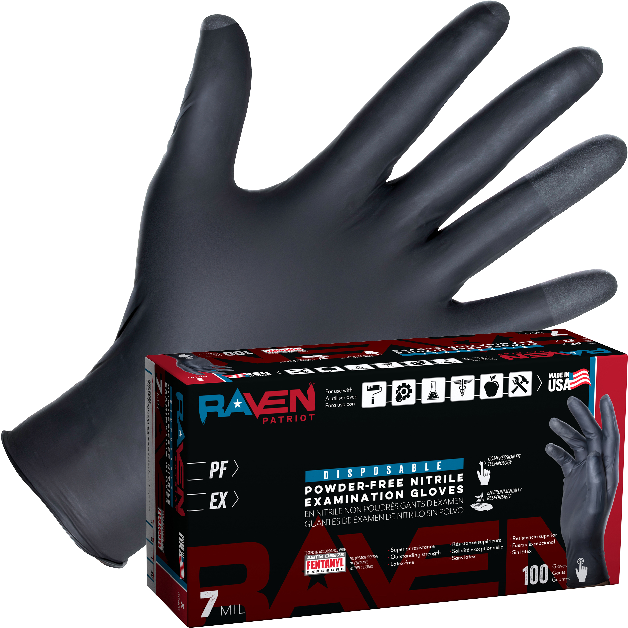 Raven Patriot Powder-Free Exam Grade Nitrile - 7 mil - Medium, 100/BX - 10BX/CS, Made in USA view 4