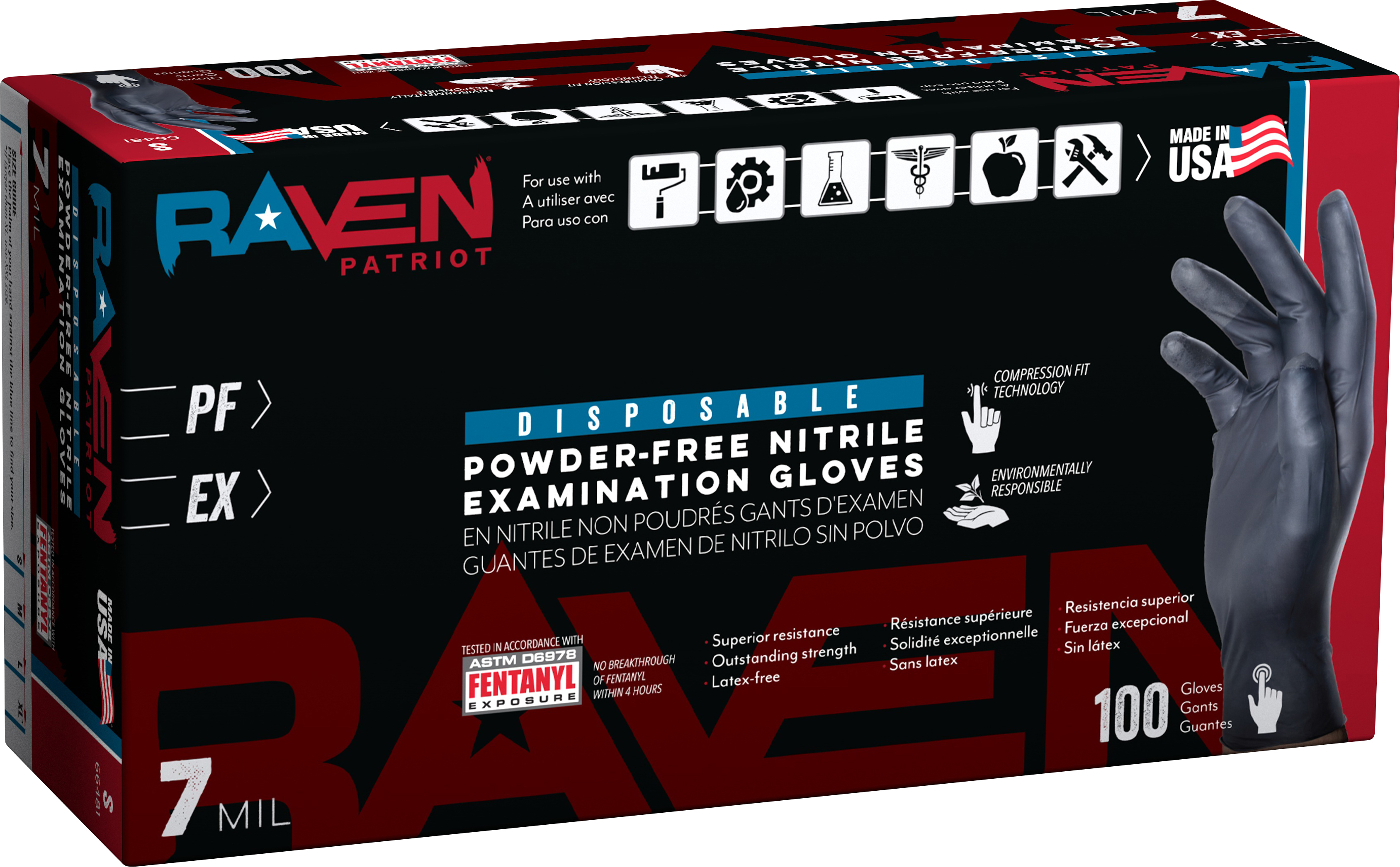 Raven Patriot Nitrile Glove 100/BX - M, Thickness: 7 mil, Made in USA