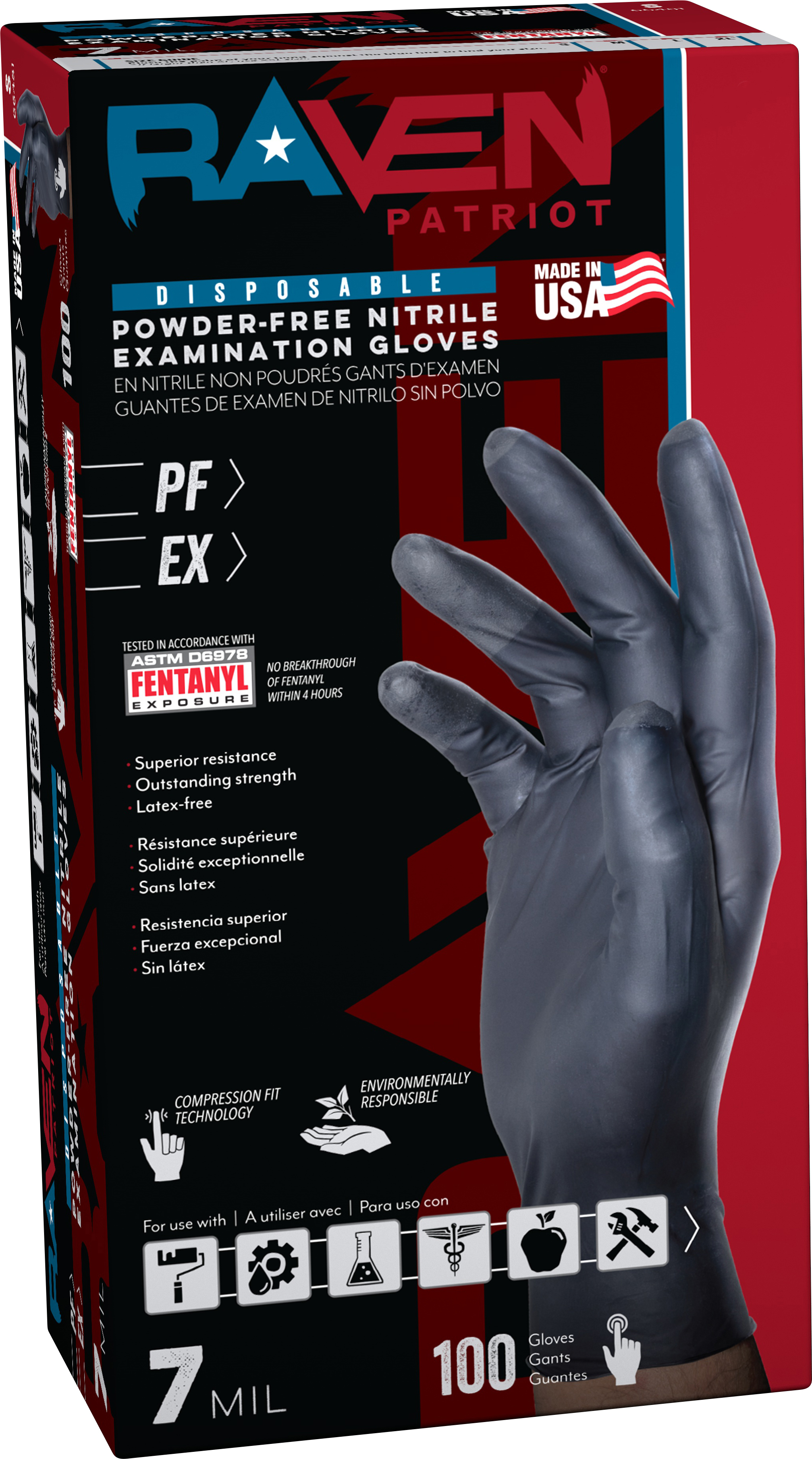 Raven Patriot Powder-Free Exam Grade Nitrile - 7 mil - Medium, 100/BX - 10BX/CS, Made in USA view 3