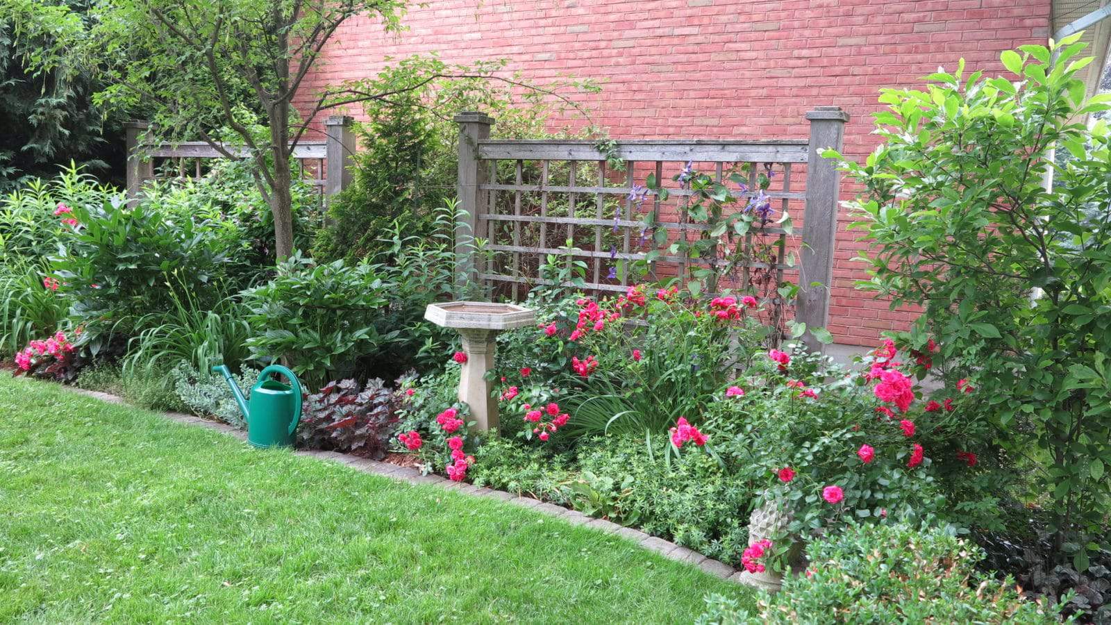 Wide planting beds are easier to design because they provide space for focal points, such as birdbaths or columnar trees.