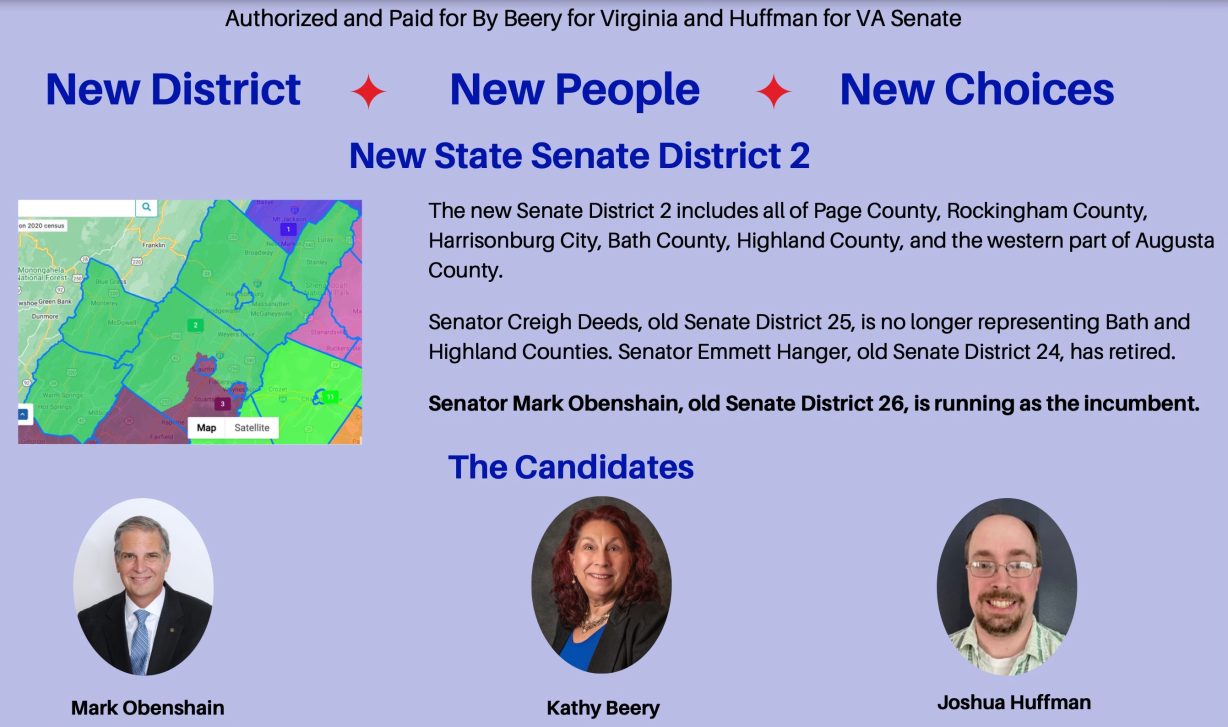 A map of the counties that make up the 2nd Senate District and faces of three people. The text outlines that the district is newly redrawn.