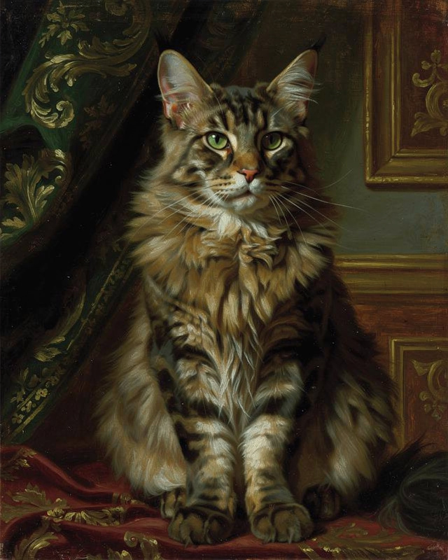 Maine coon cat renaissance style canvas portrait
