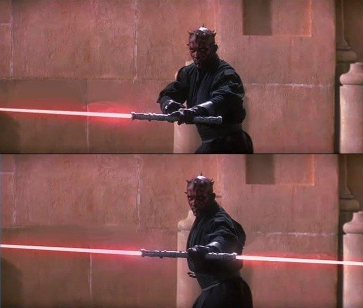 Darth Maul and his double-bladed lightsaber.