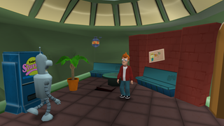 Fry standing inside the Planet Express building.