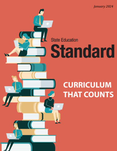 Business people sitting on books with text reading: State Education Standard, Curriculum That Counts, and January 2024. Image credit: iStock