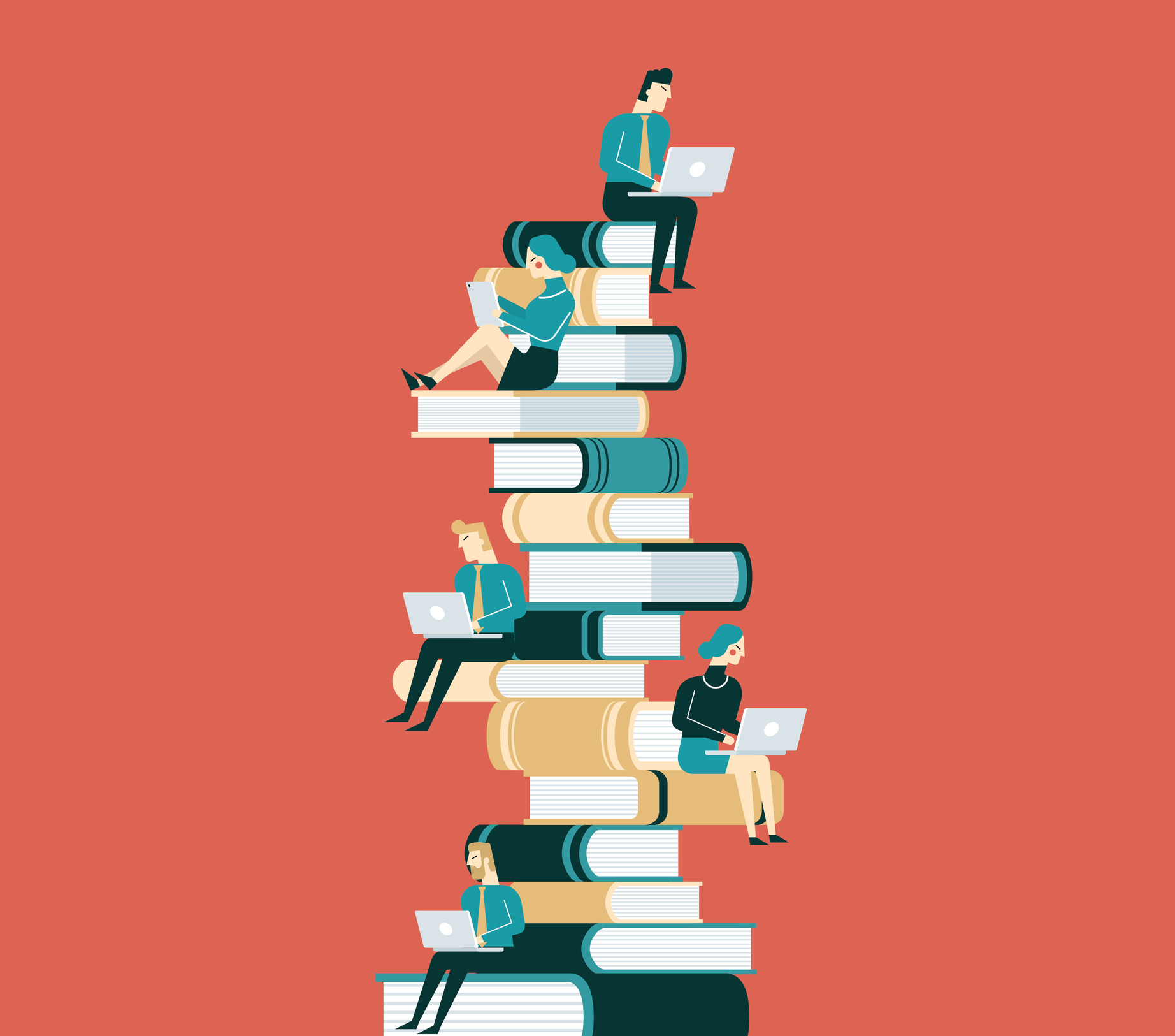 Business people sitting on books. Image credit: iStock