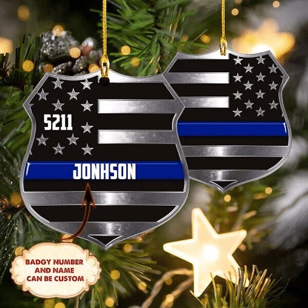 Personalized Blue Line Police Badge Christmas Ornament, 2D Flat Acrylic Ornament, Christmas Tree Decor, Custom Name Xmas Keepsake Gift