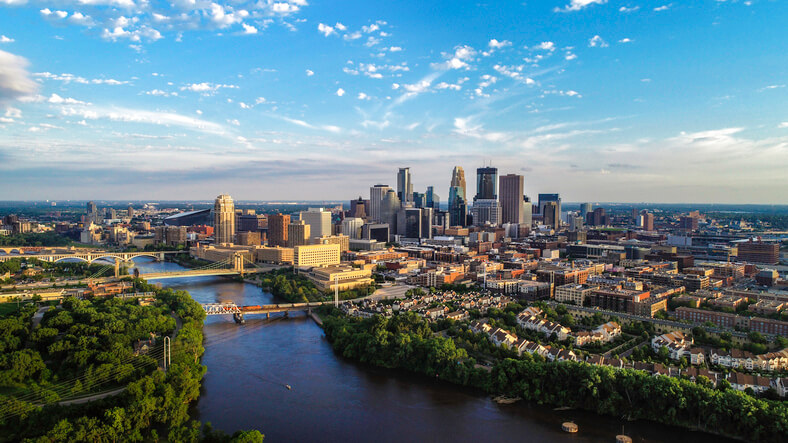 Aerial View of Minneapolis and the Mississippi river in summer