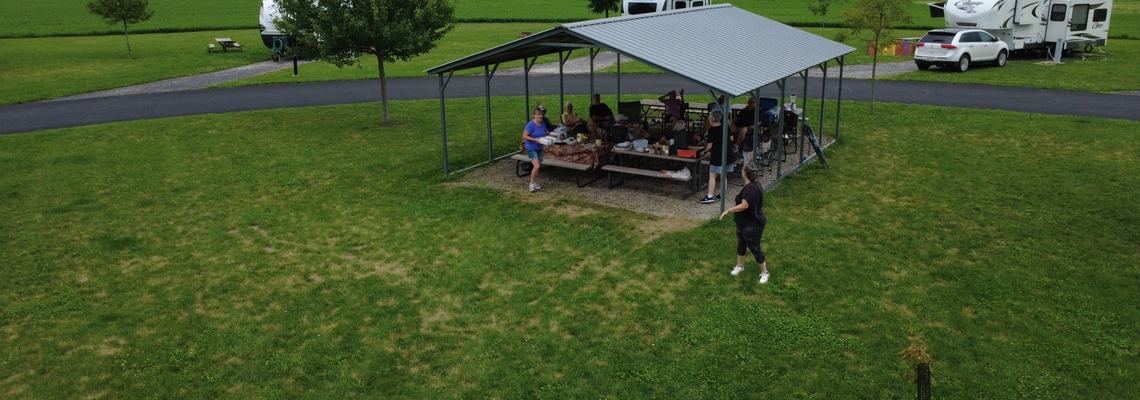 Sauder Village 2026 - Airstreams and pavilion gathering (drone)