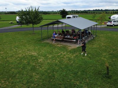 Sauder Village 2026 - Airstreams and pavilion gathering (drone)