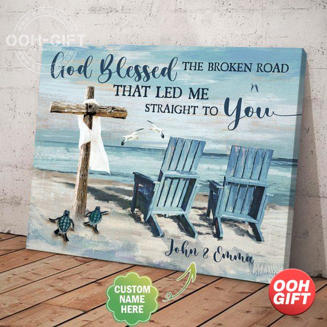 Personalized Wedding Gift For Couple, Anniversary Photo Wall Art, Wedding Anniversary Gifts for Wife Husband, Gifts for Boyfriend Girlfriend, God Blessed The Broken Road That Led Me Straight To You Ocean (2)