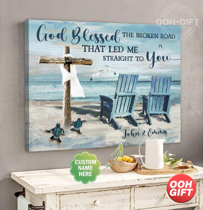 Personalized Wedding Gift For Couple, Anniversary Photo Wall Art, Wedding Anniversary Gifts for Wife Husband, Gifts for Boyfriend Girlfriend, God Blessed The Broken Road That Led Me Straight To You Ocean (5)