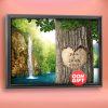 Waterfall in Deep Forest Carved Heart Personalized Photo Canvas Print and Framed Art, includes Names and the Date Unique Gift Anniversary
