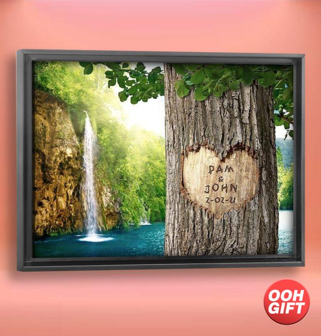 Waterfall in Deep Forest Carved Heart Personalized Photo Canvas Print and Framed Art, includes Names and the Date Unique Gift Anniversary