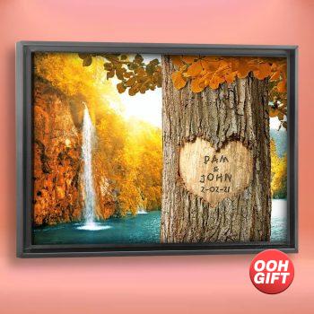 Waterfall in Deep Forest Carved Heart Personalized Photo Canvas Print and Framed Art, includes Names and the Date Unique Gift Anniversary Wallart