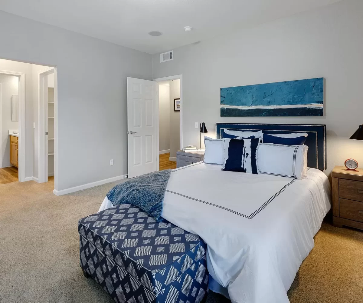 Bedroom in furnished corporate apartment building located in Santa Rosa, CA.