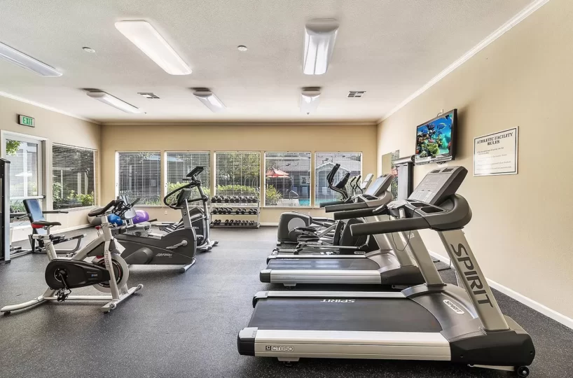 Fitness center located at furnished corporate apartment building located in Santa Rosa, CA.