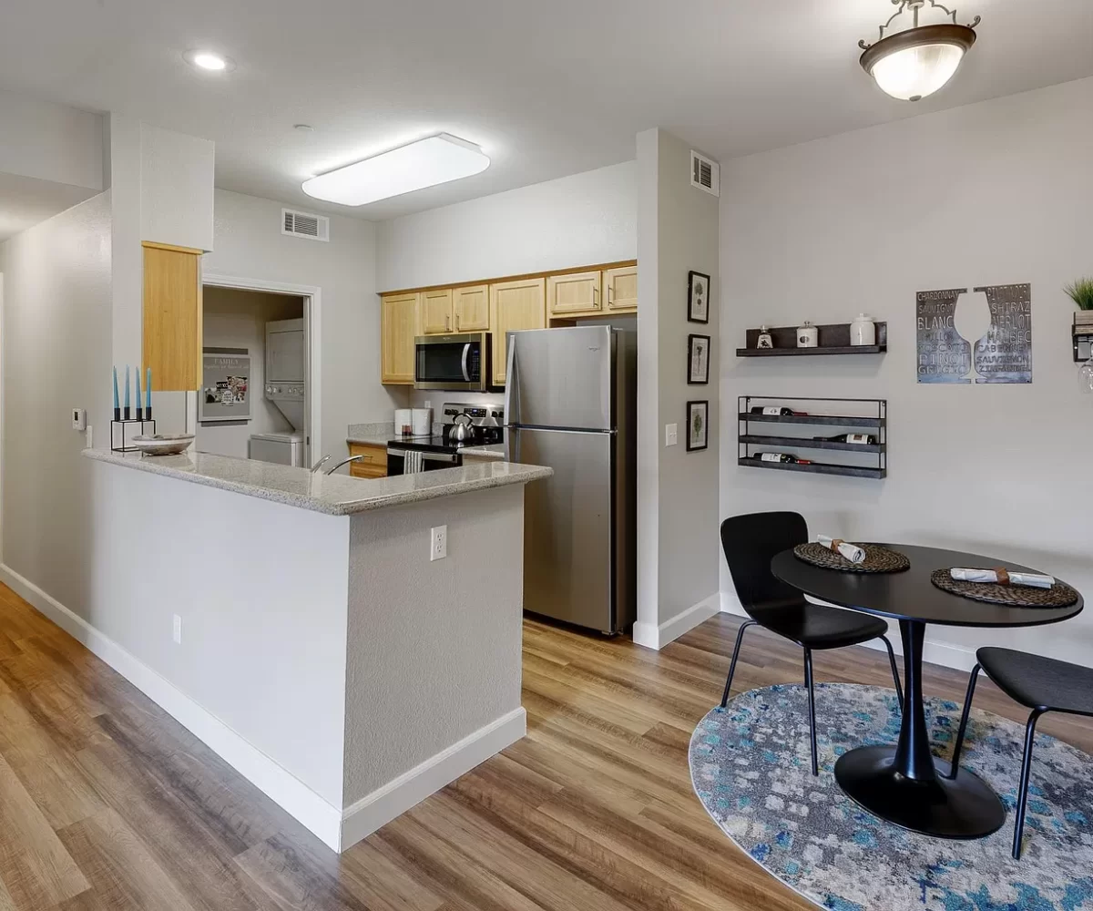 Kitchen in furnished corporate apartment located in Santa Rosa, CA.