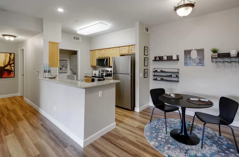 Kitchen in furnished corporate apartment located in Santa Rosa, CA.