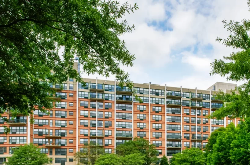 Exterior of furnished corporate apartment building located in Bethesda, MD.
