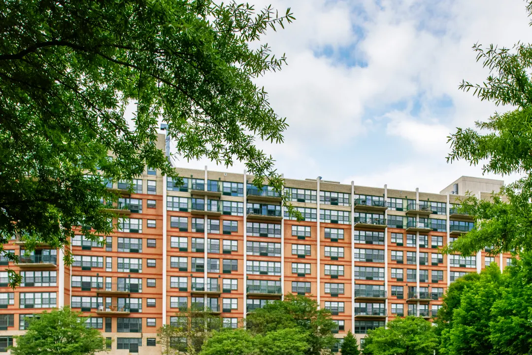 Exterior of furnished corporate apartment building located in Bethesda, MD.
