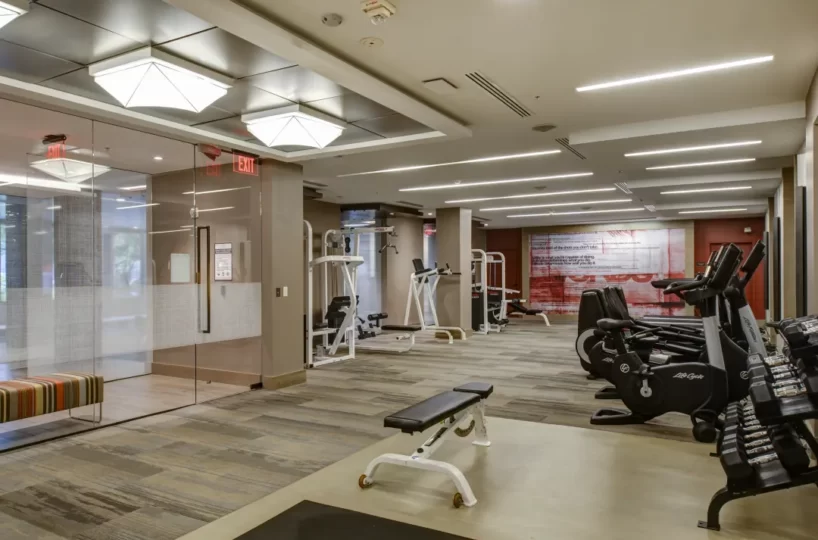 Fitness center at furnished corporate apartment building located in Bethesda, MD.