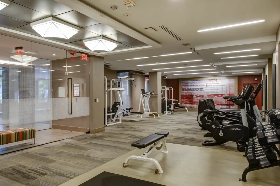 Fitness center at furnished corporate apartment building located in Bethesda, MD.