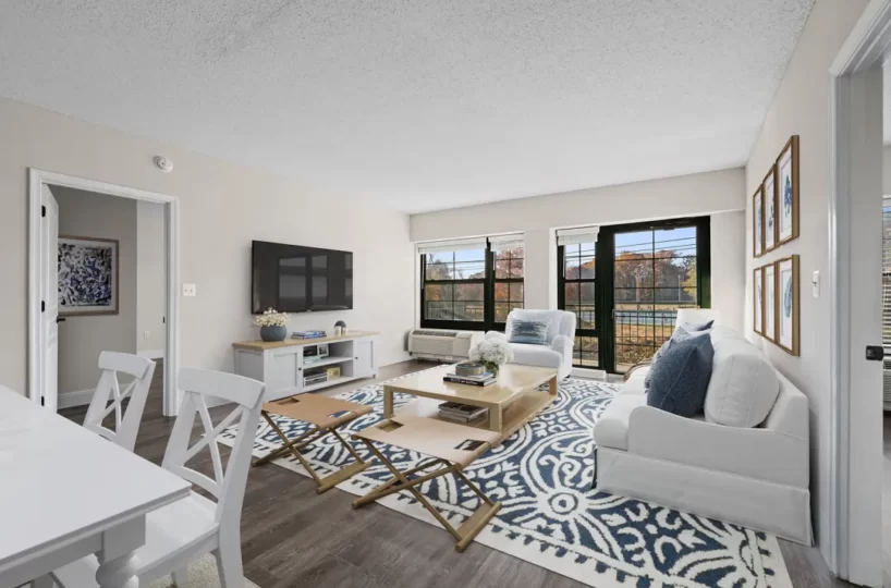 Living room in corporate apartment located in Bethesda, MD.