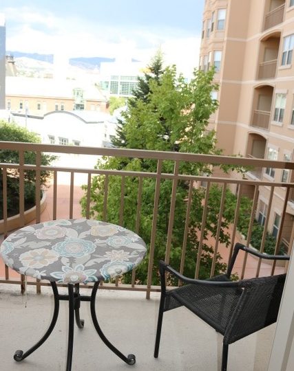 Balcony attached to furnished condo in downtown Salt Lake City.