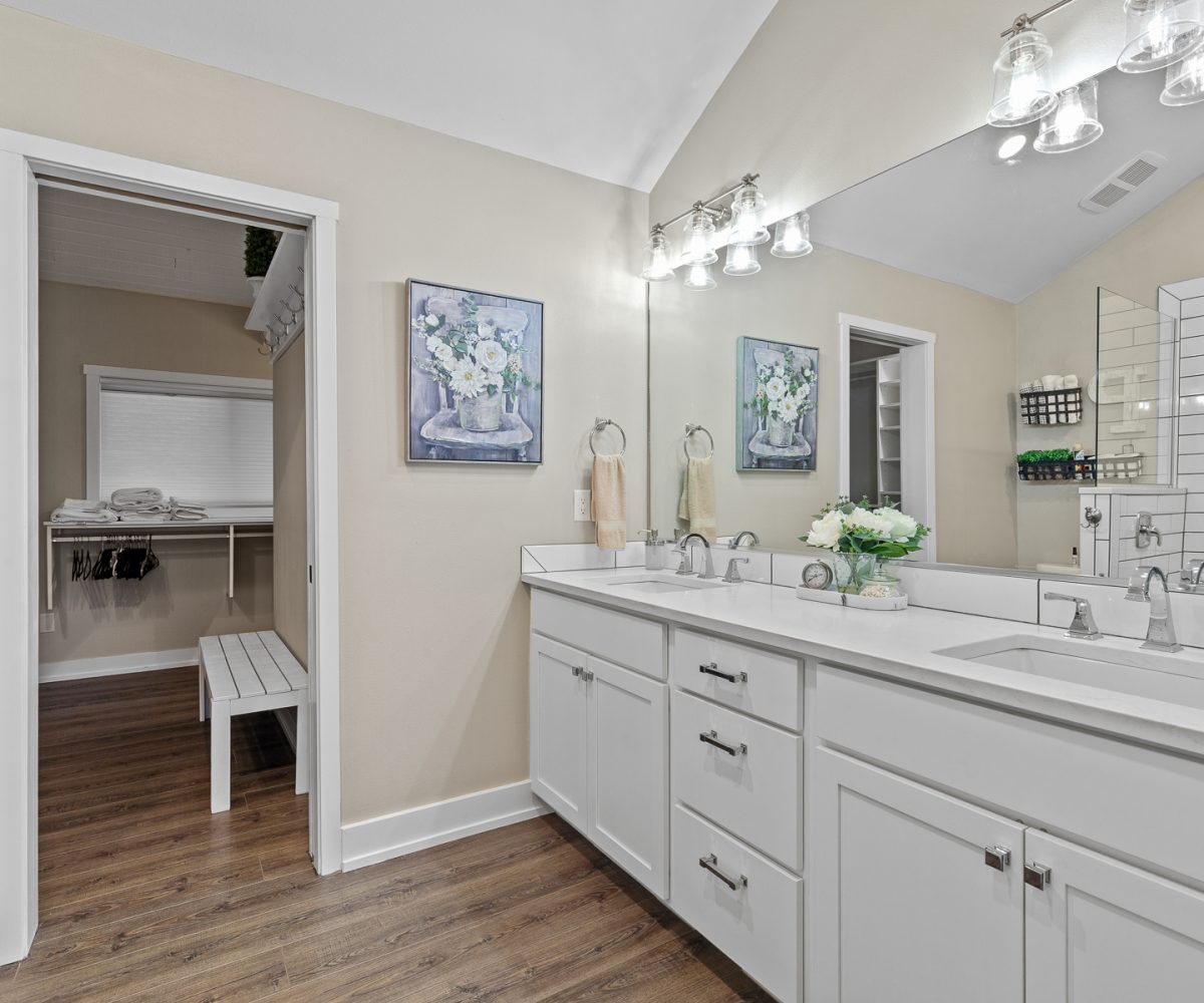 Doubly vanity in master suite in furnished home located in Liberty Lake, WA.
