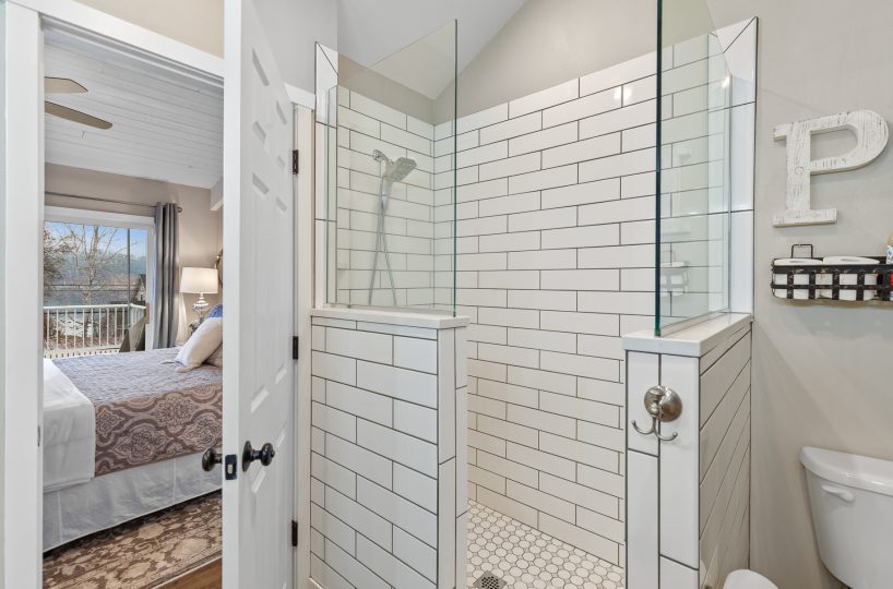 Walk-in shower in furnished home located in Liberty Lake, WA.