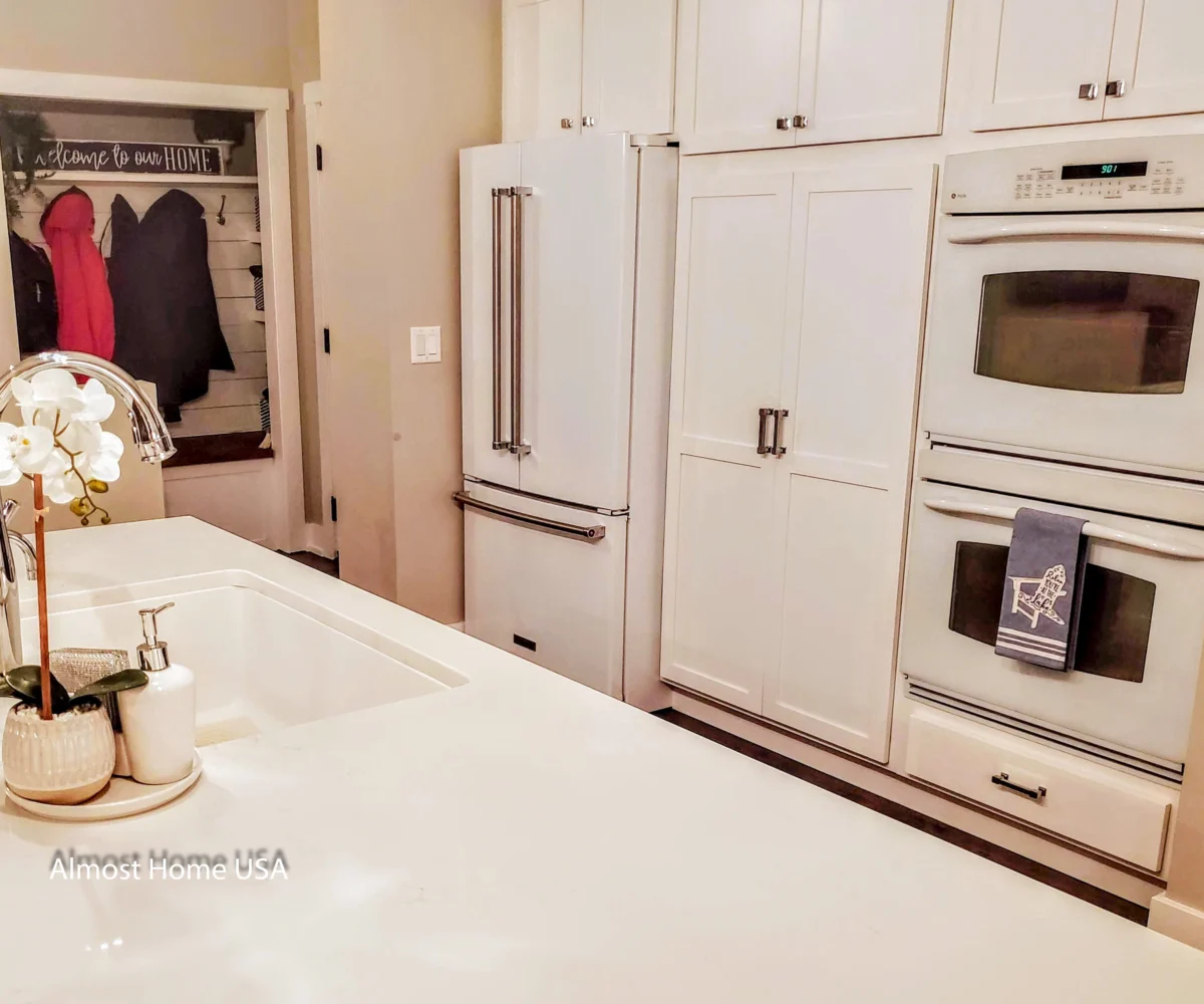 Kitchen island closeup view in furnished housing four bedroom home in Liberty Lake, WA.