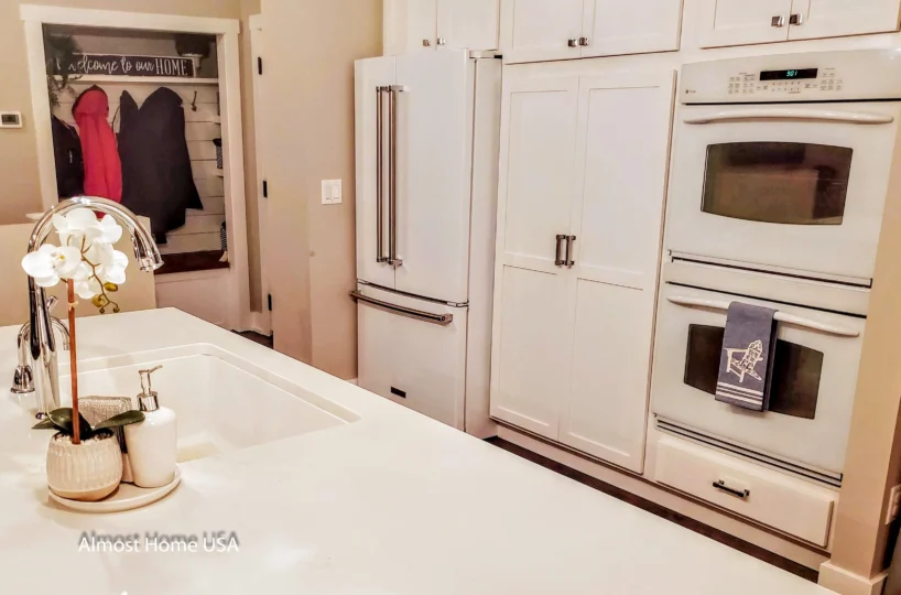 Kitchen island closeup view in furnished housing four bedroom home in Liberty Lake, WA.
