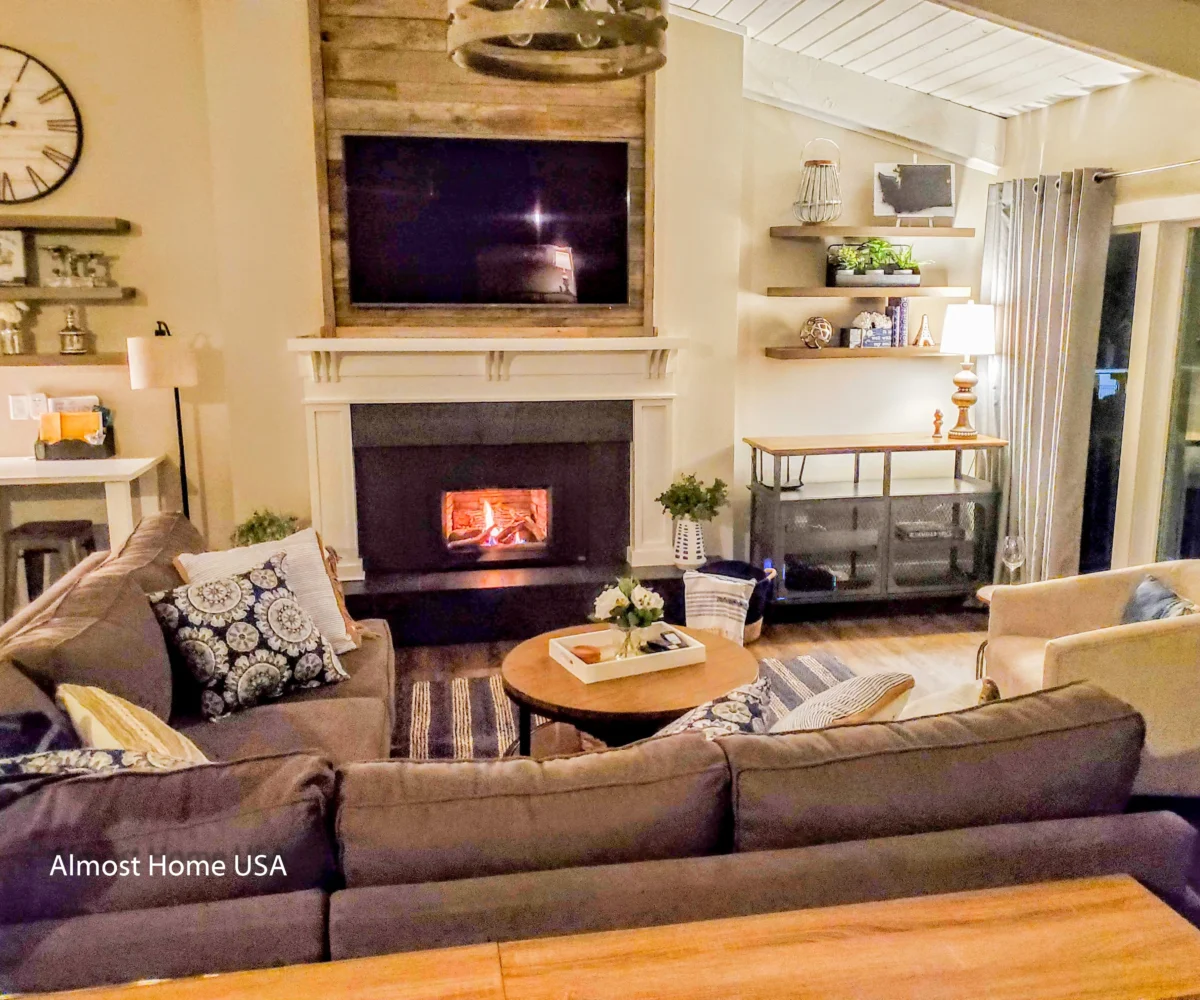 Fireplace in furnished housing four bedroom furnished home in Liberty Lake, WA.