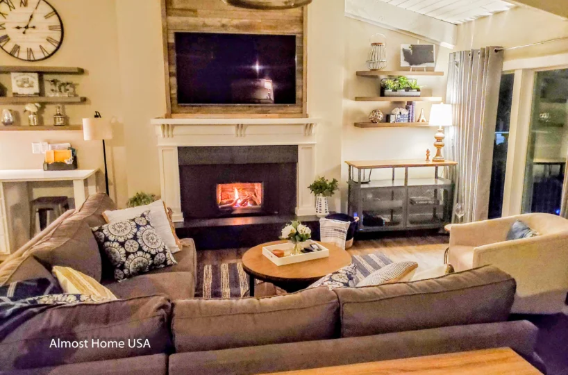 Fireplace in furnished housing four bedroom furnished home in Liberty Lake, WA.