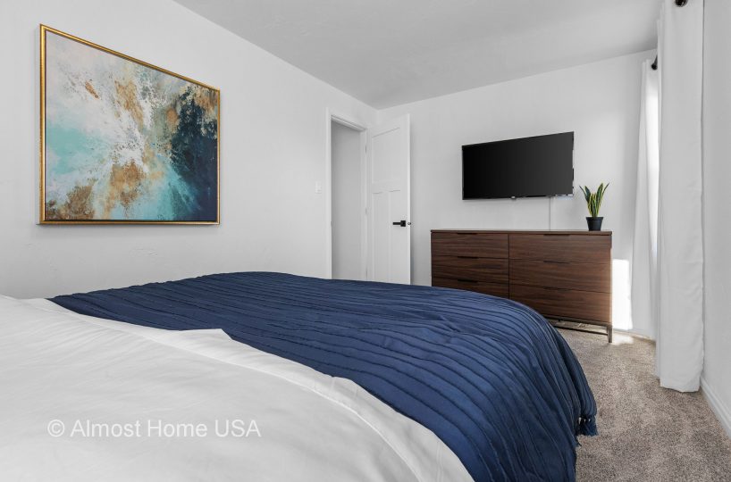 Smart TV in main bedroom in furnished rental located in Sturgeon Bay, WI.