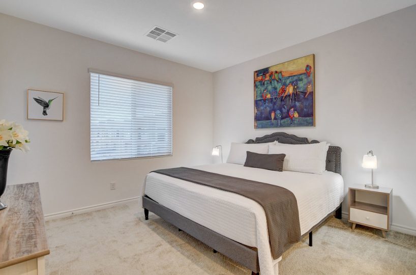 Master bedroom in furnished townhome located in Henderson, NV.