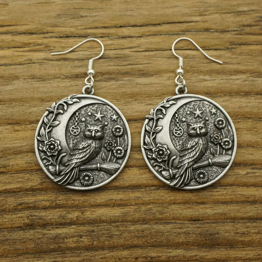 Vintage Gothic Crescent Moon Owl And Stars Witch Earrings