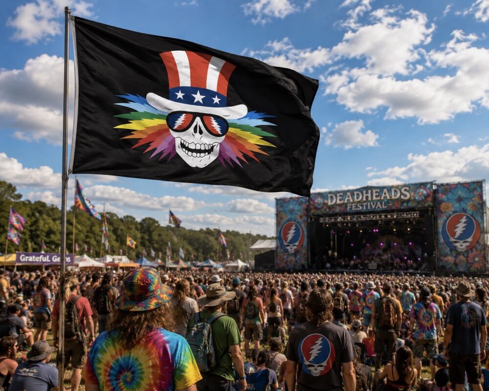 Deadhead waving Grateful Dead inspired Uncle Sam rainbow skull 3x5 flag at music festival