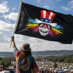 Deadhead waving Grateful Dead inspired Uncle Sam rainbow skull 3x5 flag at music festival
