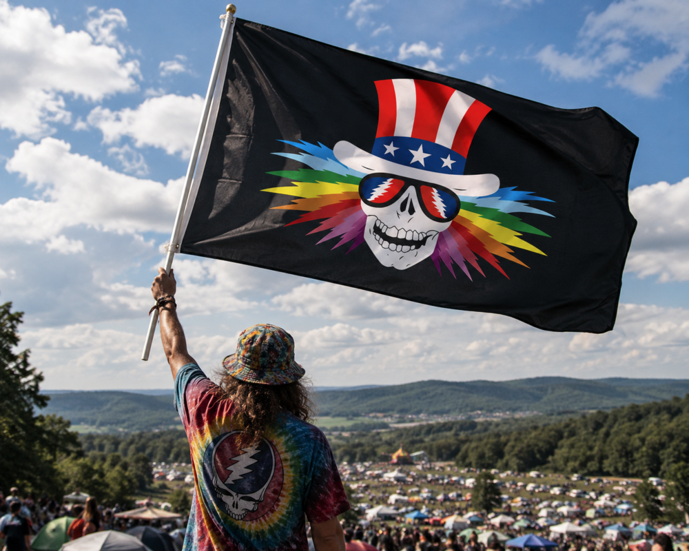 Deadhead waving Grateful Dead inspired Uncle Sam rainbow skull 3x5 flag at music festival