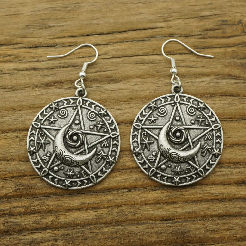 Wiccan crescent moon and stars earrings with celestial design