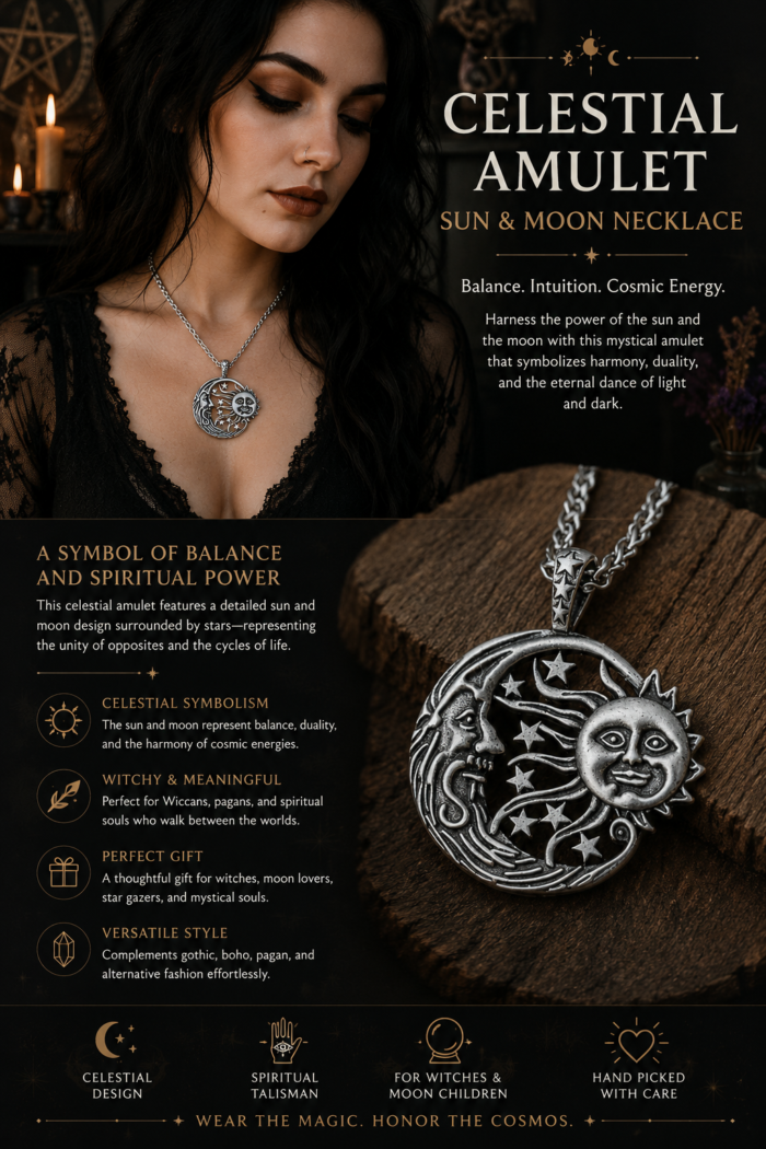 Celestial Sun & Moon Amulet Necklace – Mystical Wiccan Lunar Pendant Jewelry