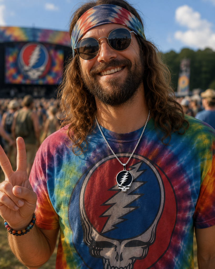 Grateful Dead Stealie symbol on festival merchandise