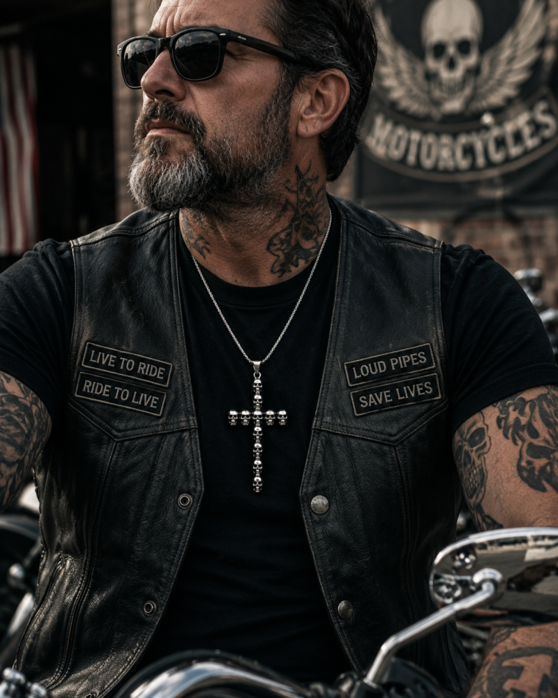 Skull cross necklace biker pendant detail