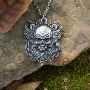 Winged Gothic Skull Necklace with 20 Inch Chain – Dark Gothic Pendant Jewelry