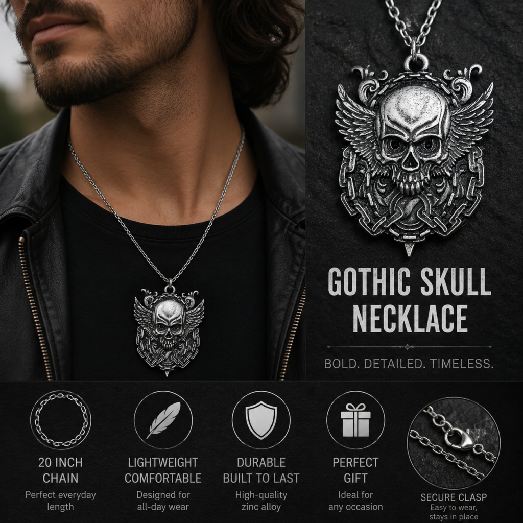 Winged Gothic Skull Necklace with 20 Inch Chain – Dark Gothic Pendant Jewelry