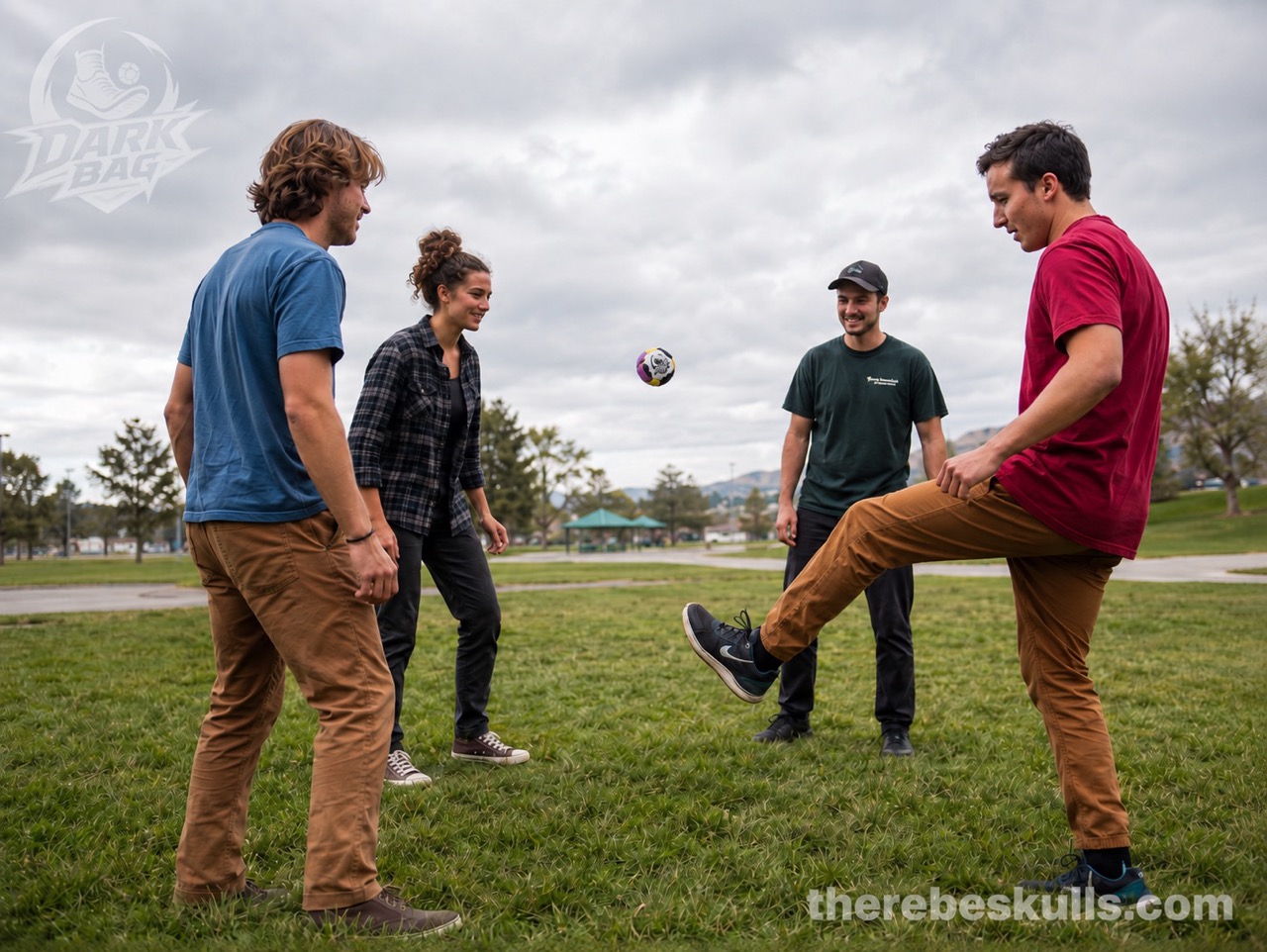 Friends playing Dark Bag Footbag Hacky Sack outdoors in a park