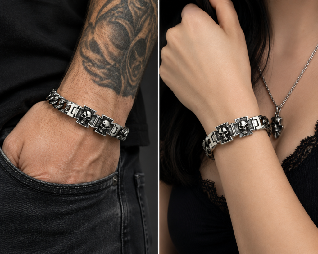 2 cross skull stainless steel chain bracelet Unisex